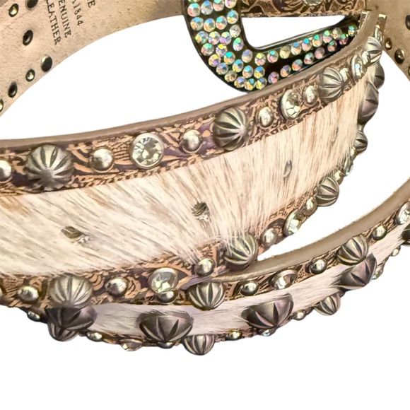 Western Bling Genuine Leather Womens Belt Size M 34” Hair On Hide Studded Buckle main image 8